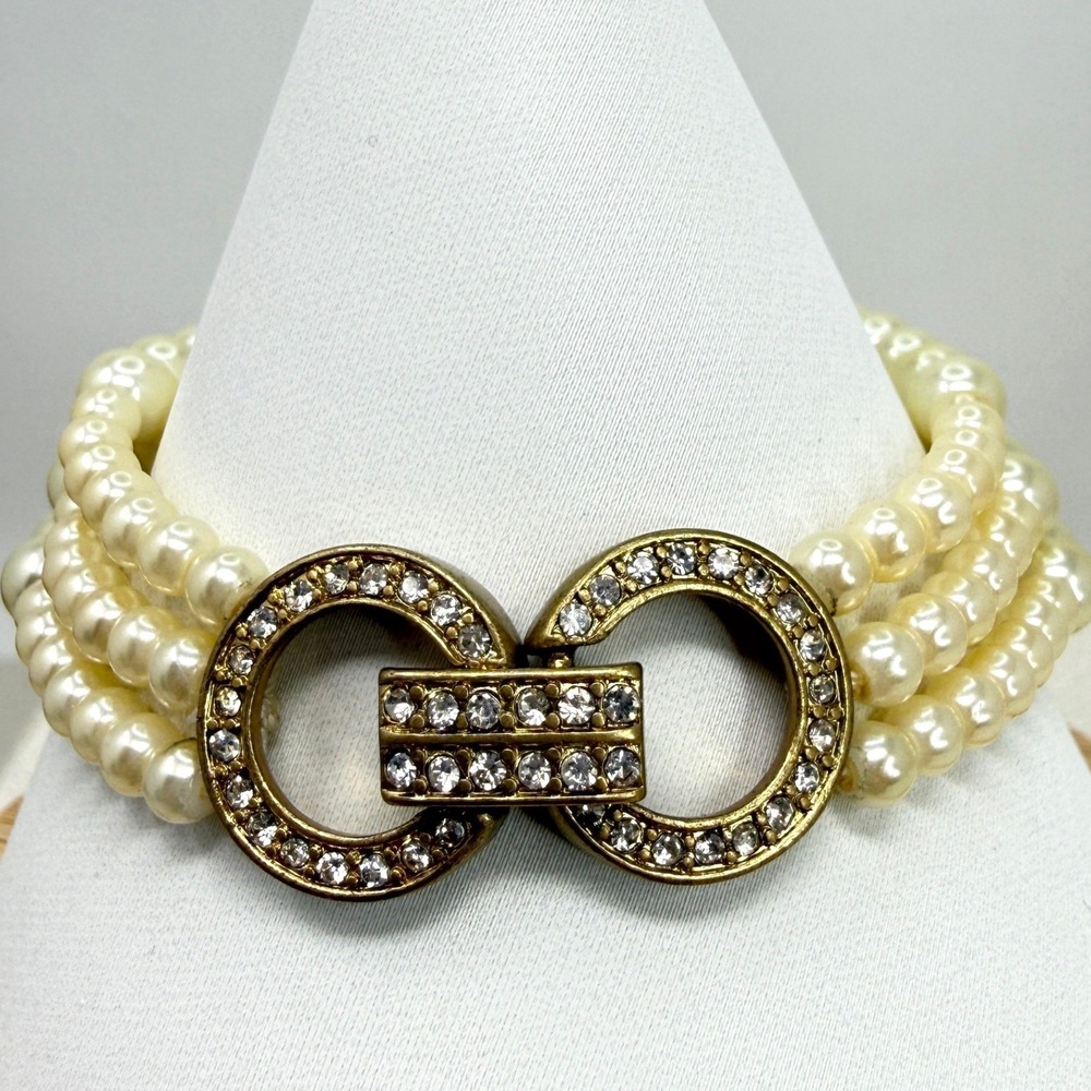 Vintage Faux Pearl Multi Strand Bracelet Gold Tone Rhinestone Interlocking Clasp